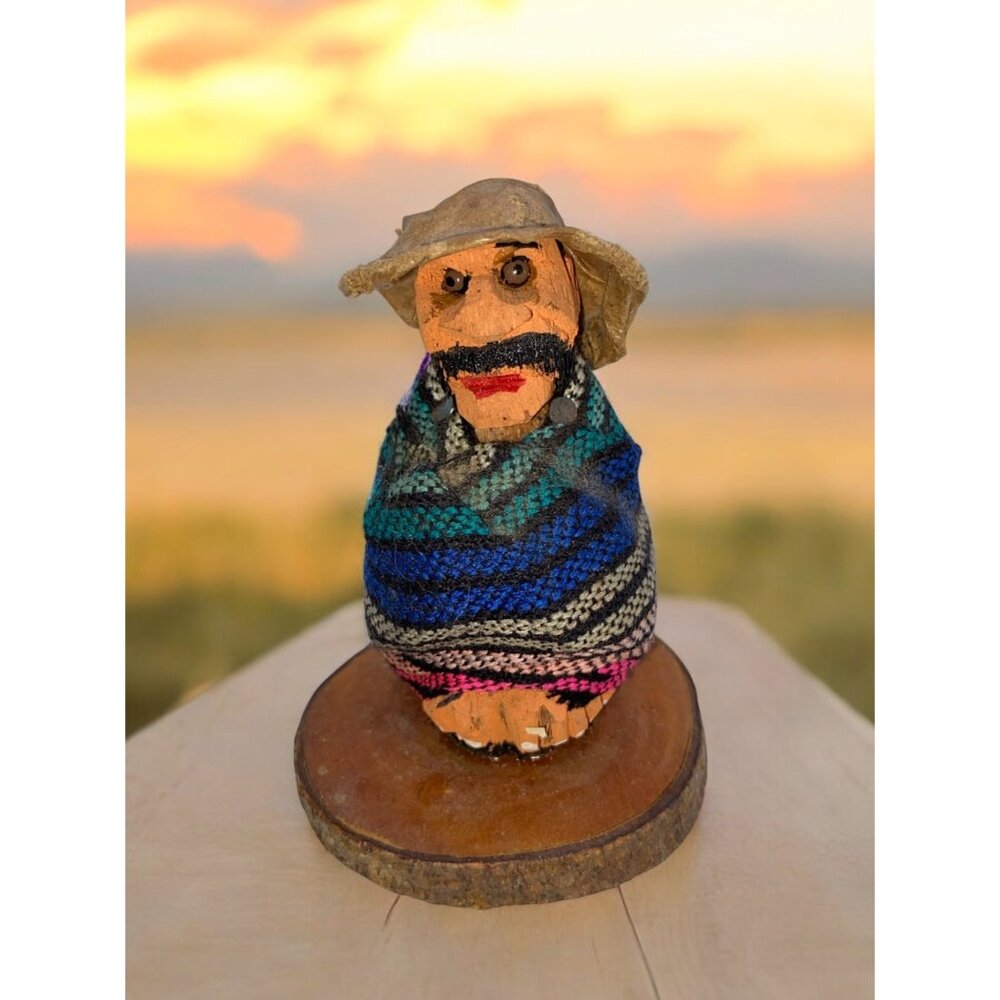 Handcrafted Wooden Folk Art Figurine Man With Poncho & Hat Carved Southwest 3”